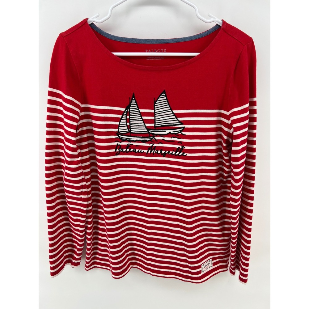 Talbots Size M Nautical Long Sleeve Shirt Red White Stripe Sailboat French Chic